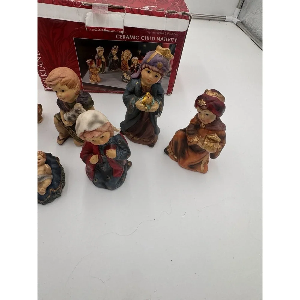 Vtg Nativity Child Set Kirklands Ceramic Glazed 7 Pieces Wiseman Is Missing 5.5